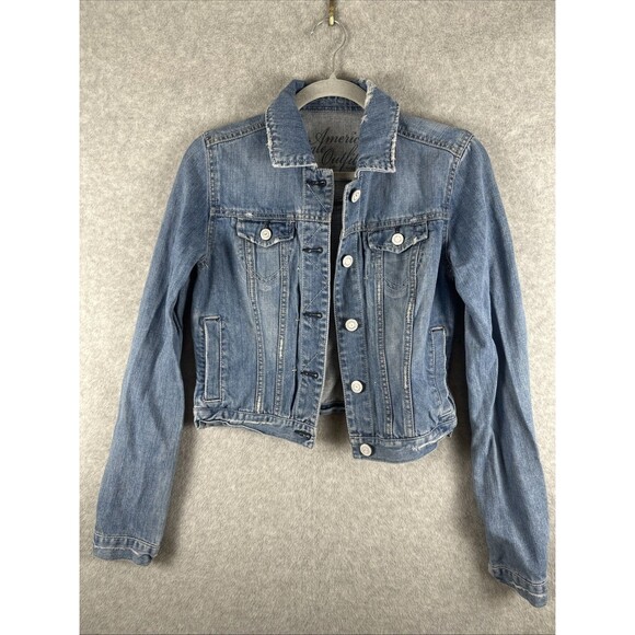 American Eagle Outfitters Jackets & Blazers - American Eagle Jacket Women's Small Blue Denim Trucker Distressed Button Front